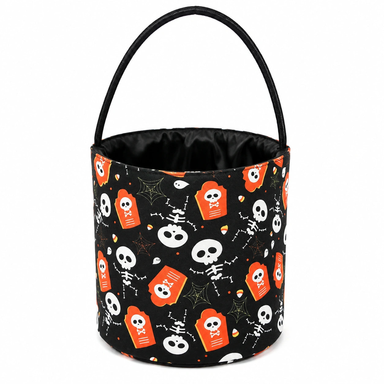 Secchiello porta dolci Halloween 20 x 25 cm in poliestere nero con manico - motivo scheletri