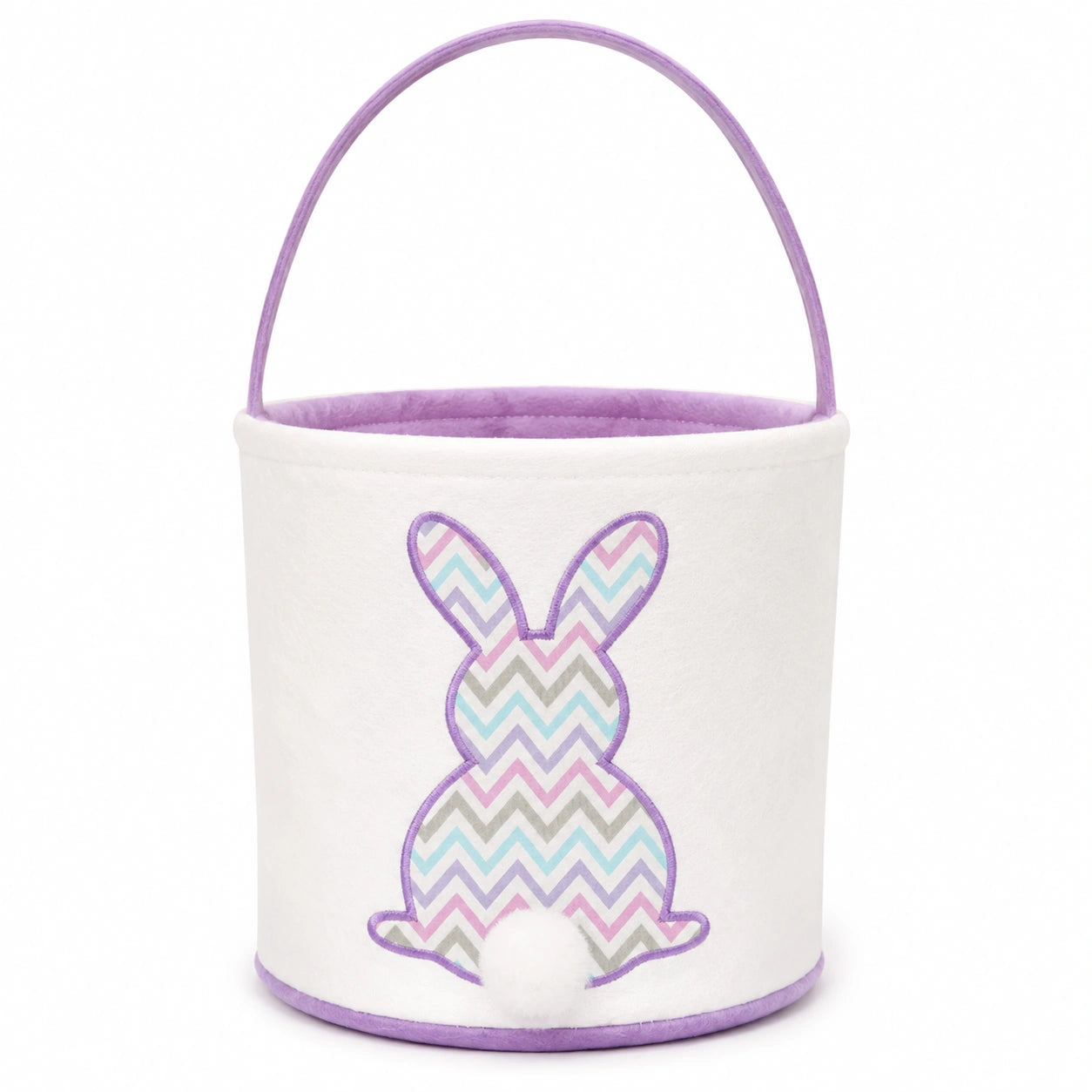 Cestino pasquale rotondo 20 cm in feltro bianco e lilla con manico e coniglio decorativo