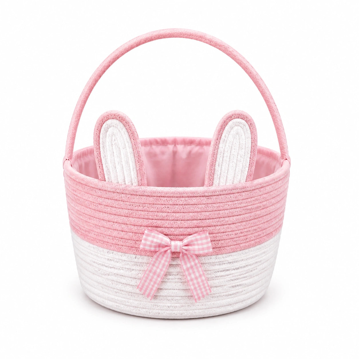 Cestino portaoggetti rotondo Ø25 x 18 cm in corda di cotone rosa e bianco con manico stile coniglietto