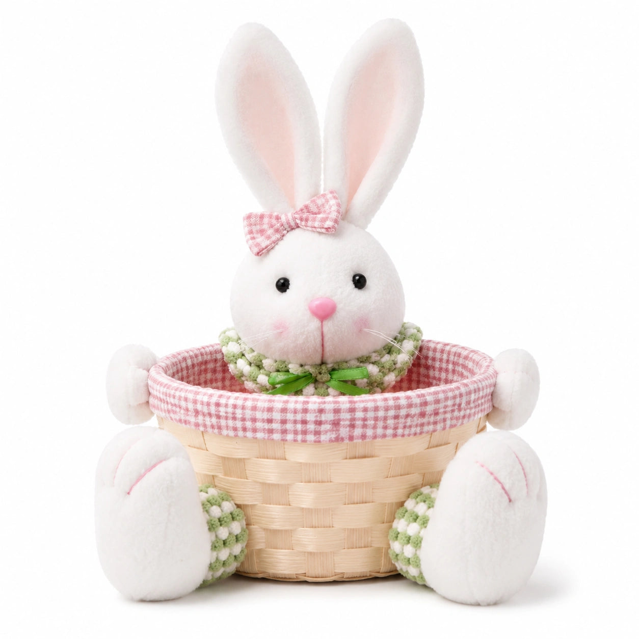 Cesto decorativo con coniglio 25 x 18 x 38 cm bianco rosa in tessuto e fibre intrecciate - stile pasquale