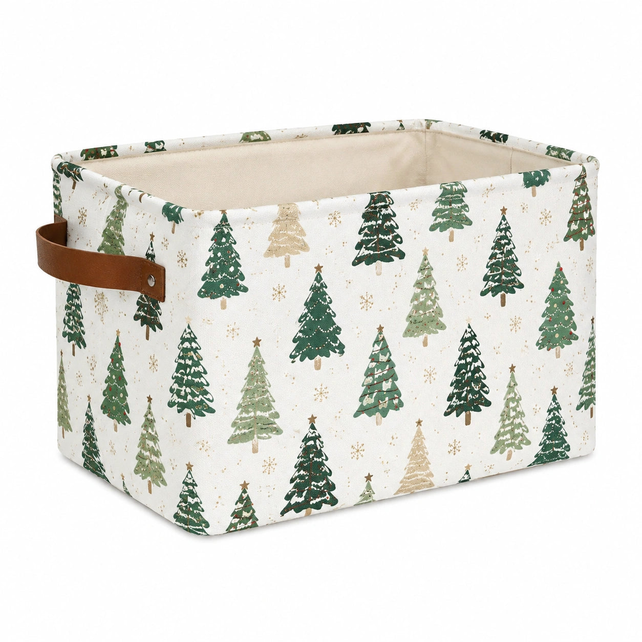 Cesto contenitore 30 x 20 x 25 cm in tessuto bianco e verde con maniglia effetto pelle - decorazione natalizia