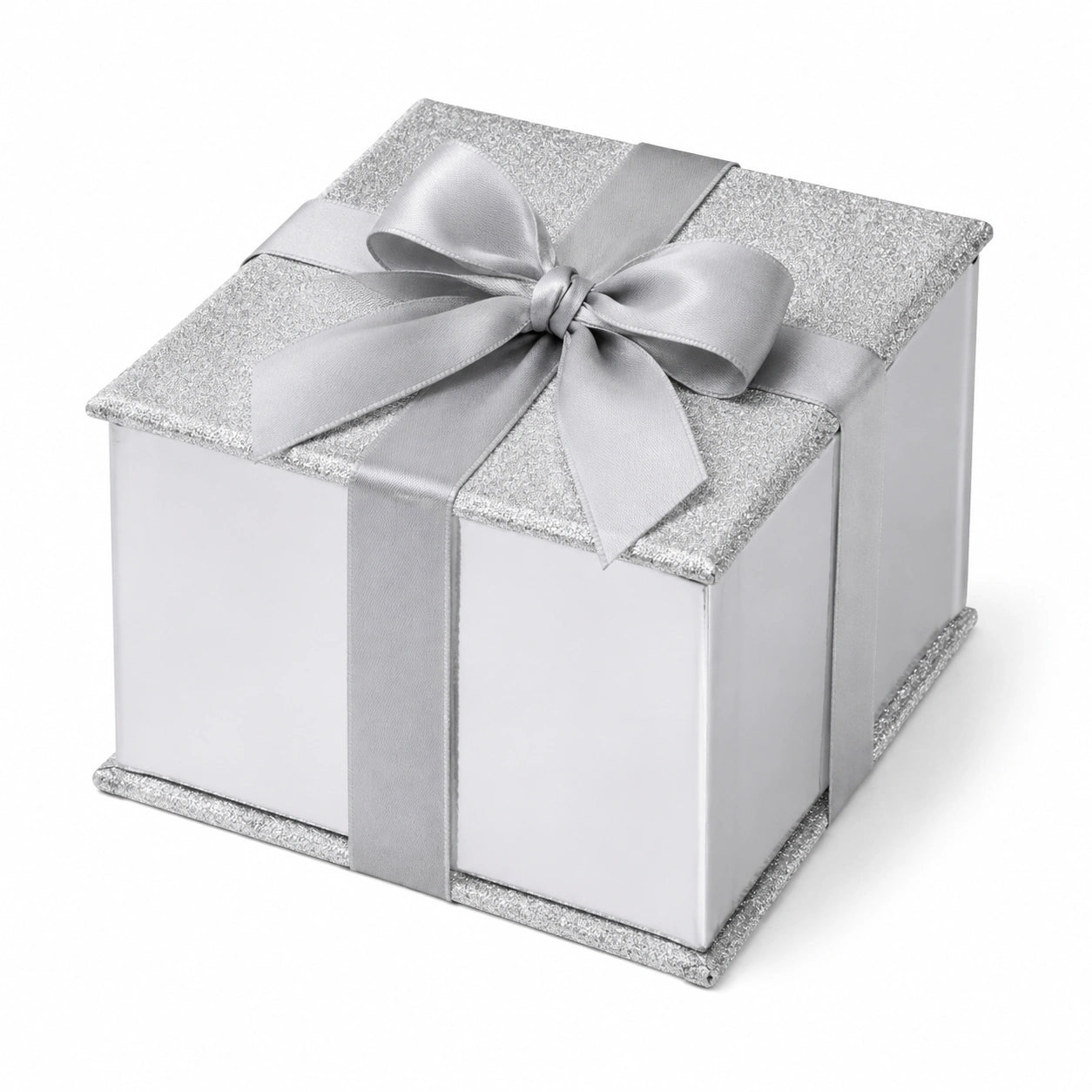 Scatola regalo 20 x 20 x 20 cm in cartoncino bianco e argento con coperchio e fiocco decorativo