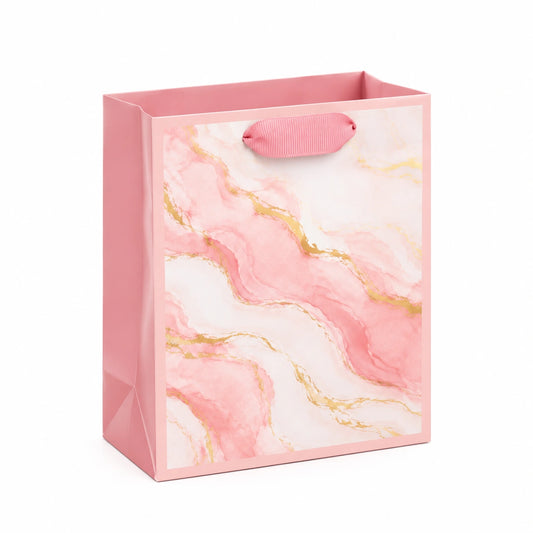 Borsa regalo 26 x 12 x 32 cm in carta rosa con manici in nastro stile marmo