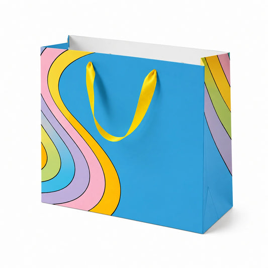 Borsa regalo 32 x 12 x 25 cm in carta blu con manici a nastro gialli stile grafico
