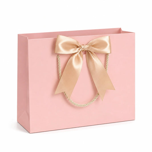 Sacchetto regalo 30 x 12 x 28 cm in carta rosa con manici in corda e fiocco decorativo