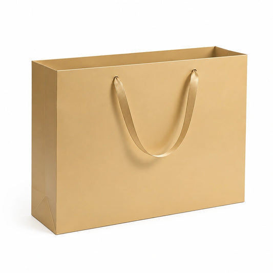 Borsa regalo 35 x 12 x 28 cm in carta dorata con manici a nastro - rigida per confezioni regalo