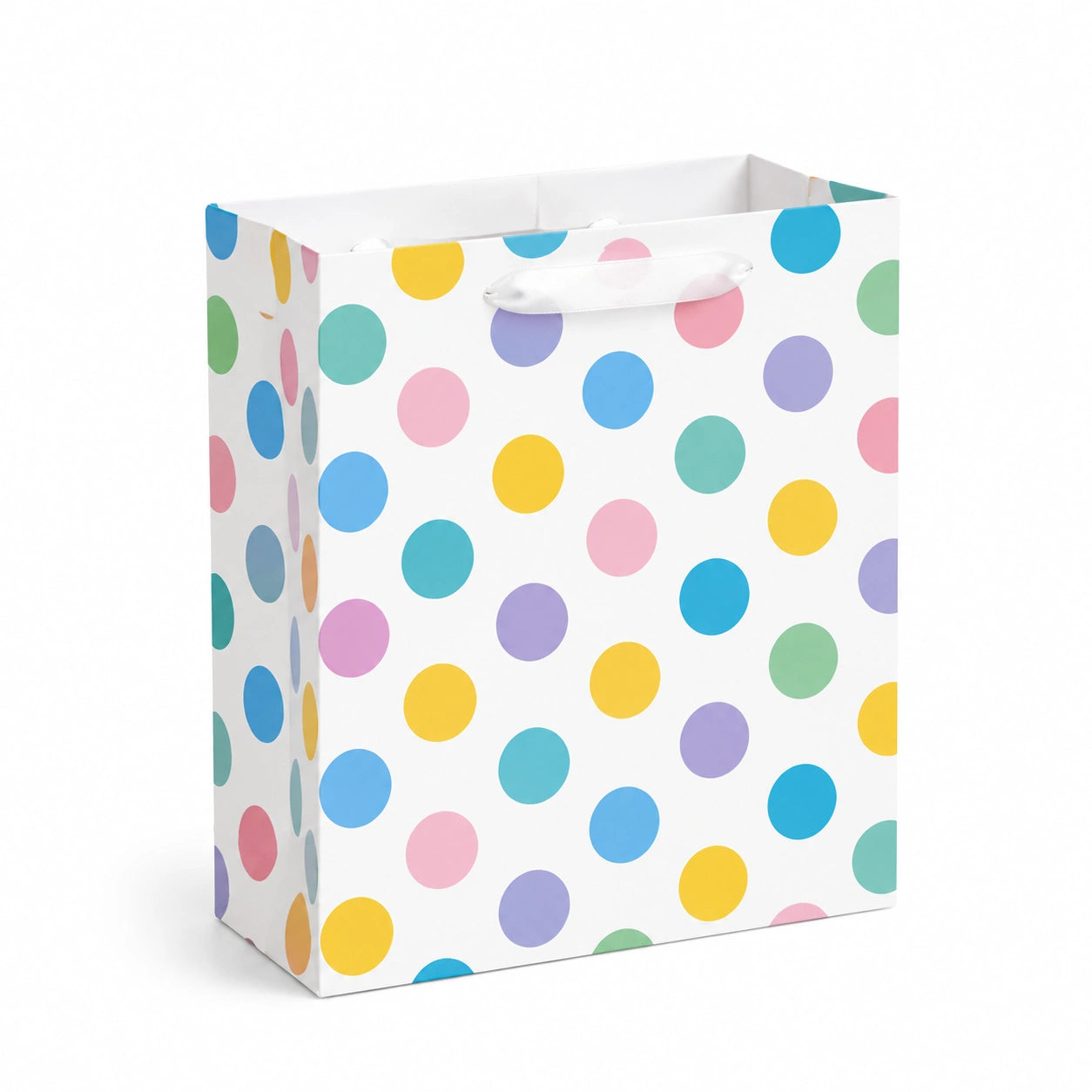 Sacchetto regalo 30 x 12 x 40 cm in carta bianca a pois multicolore con manici in nastro