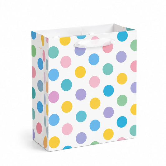 Sacchetto regalo 30 x 12 x 40 cm in carta bianca a pois multicolore con manici in nastro
