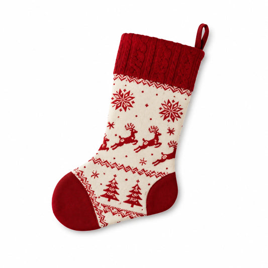 Calza decorativa natalizia 45 cm in tessuto a maglia rosso e avorio con motivo invernale