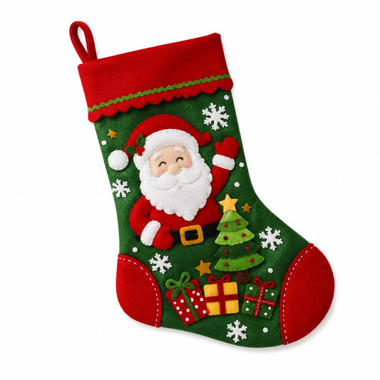 Calza natalizia 45 cm in feltro verde e rosso con decorazioni festive da appendere