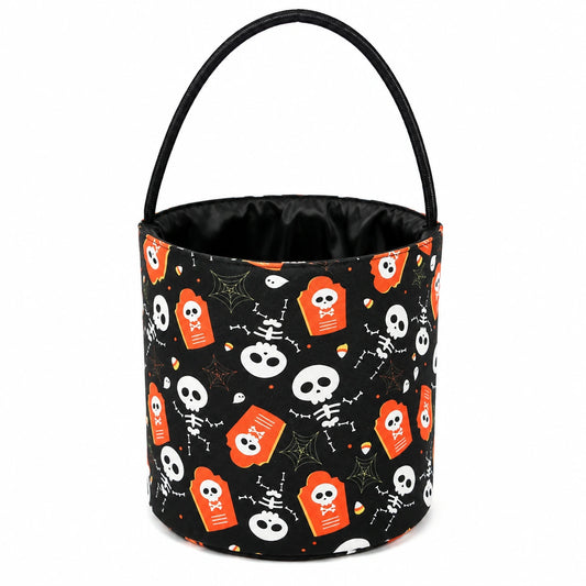 Secchiello porta dolci Halloween 20 x 25 cm in poliestere nero con manico - motivo scheletri