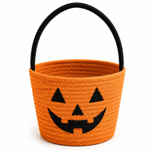 Cestino rotondo 25 cm in cotone arancione con manico nero - contenitore decorativo a zucca