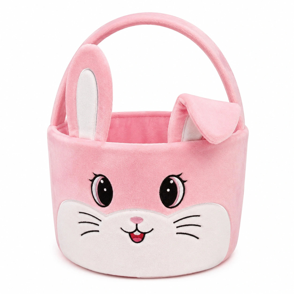 Cesto portaoggetti rotondo 30 x 25 cm in tessuto effetto peluche rosa con manico design coniglio