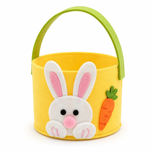 Cestino pasquale in feltro giallo diametro 20 cm con manico e motivo coniglio