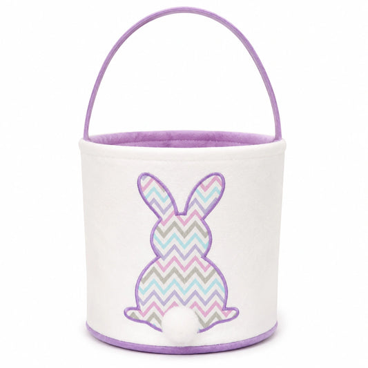 Cestino pasquale rotondo 20 cm in feltro bianco e lilla con manico e coniglio decorativo