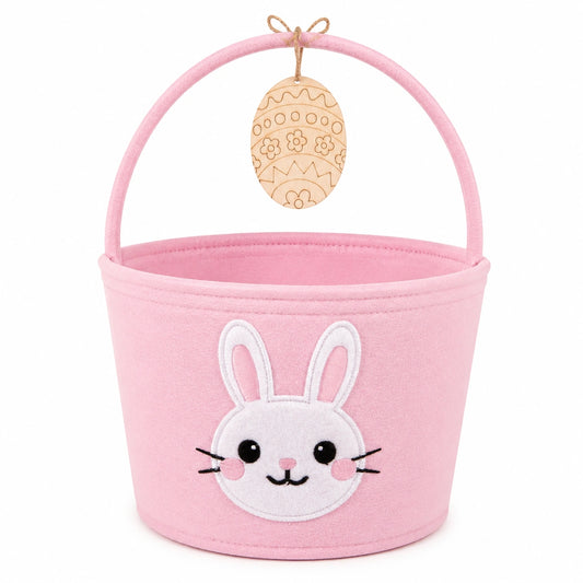 Cestino pasquale rotondo 25 cm in feltro rosa con manico e coniglio