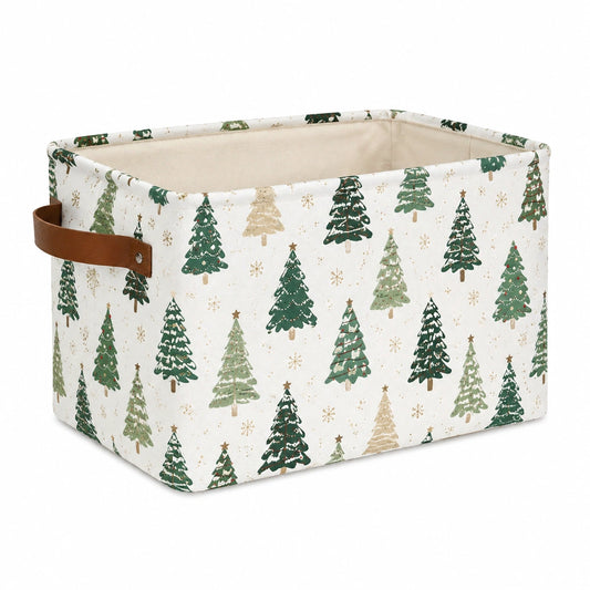 Cesto contenitore 30 x 20 x 25 cm in tessuto bianco e verde con maniglia effetto pelle - decorazione natalizia