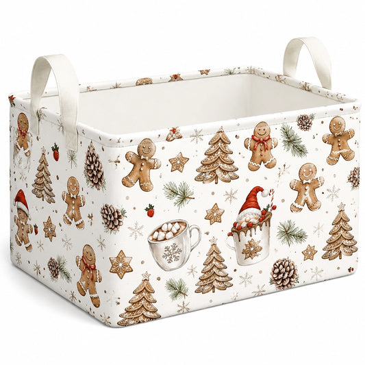 Cesto contenitore 38 x 28 x 28 cm in tessuto bianco con stampa natalizia e manici