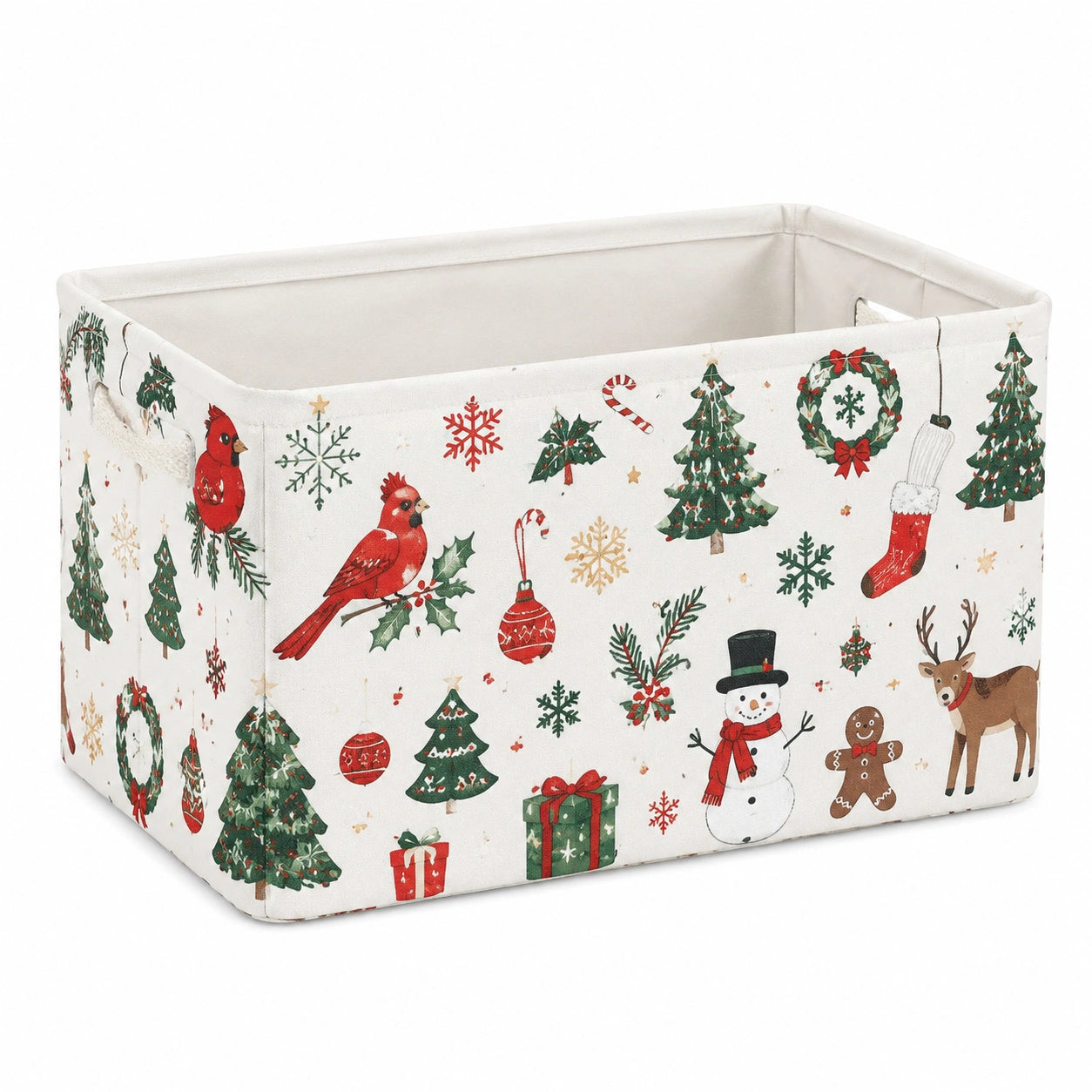 Cesto portatutto 40 x 30 x 30 cm in tessuto bianco con stampa natalizia pieghevole