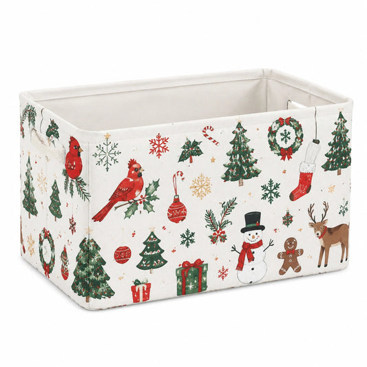 Cesto portatutto 40 x 30 x 30 cm in tessuto bianco con stampa natalizia pieghevole