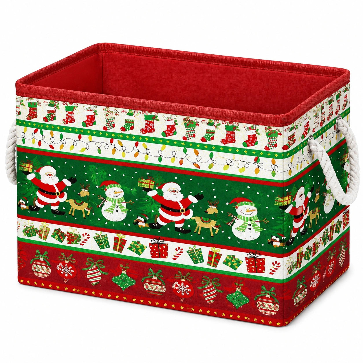Cestino contenitore 38 x 28 x 28 cm in tessuto rosso verde natalizio con manici per organizzazione