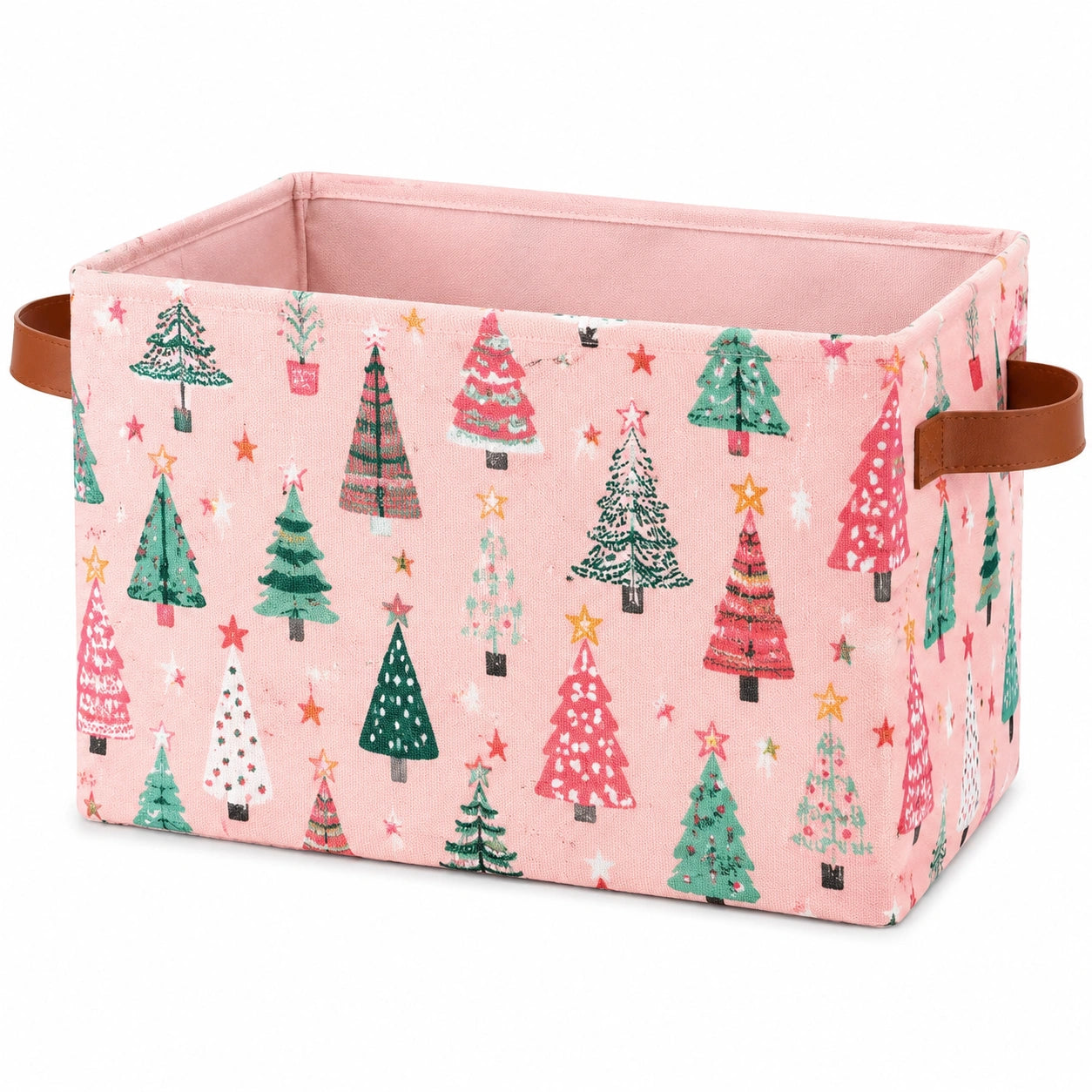 Cesto contenitore 38 x 28 x 25 cm in tessuto rosa con manici effetto pelle motivo natalizio pieghevole