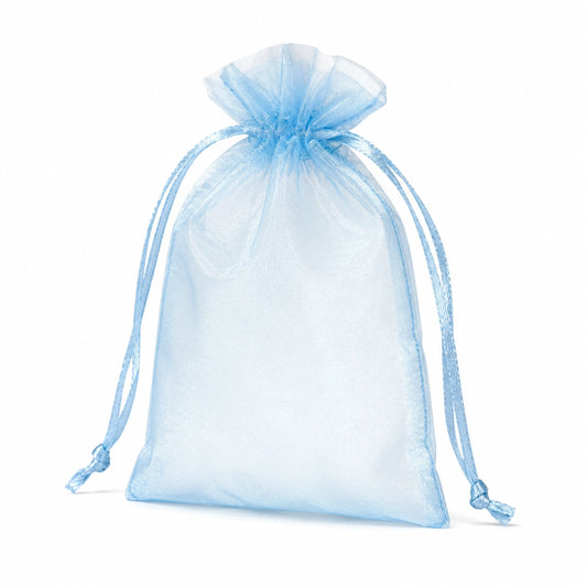Sacchetto regalo 10 x 15 cm in organza azzurro con chiusura a coulisse