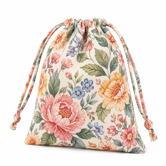 Sacchetto con coulisse 30 x 35 cm in tessuto beige con stampa floreale per piccoli oggetti