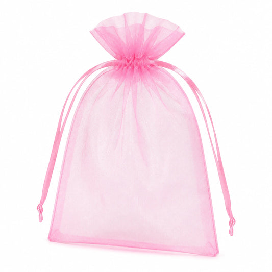 Sacchetto regalo 10 x 15 cm in organza rosa con chiusura a coulisse