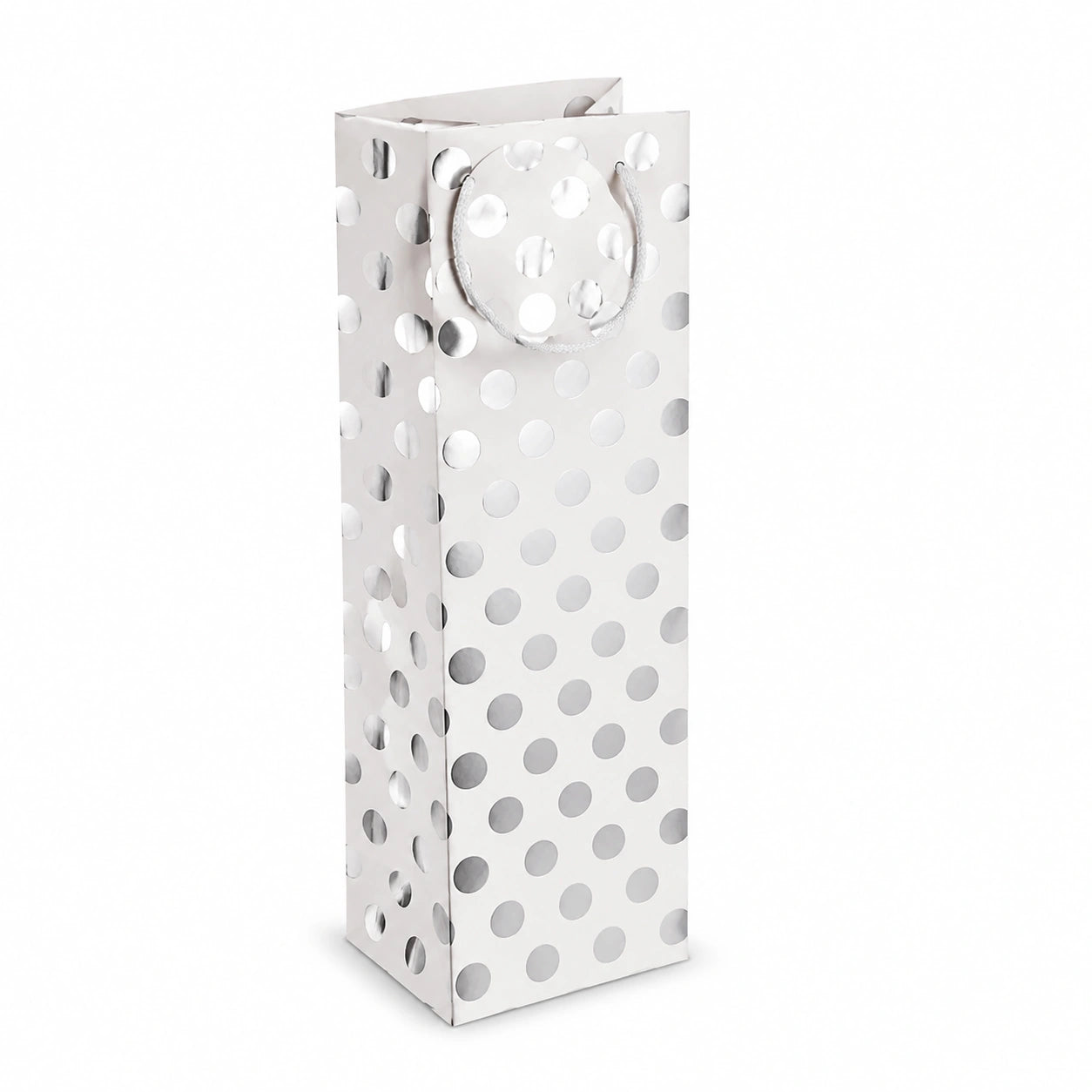 Sacchetto regalo 12 x 9 x 36 cm in carta bianca a pois argento con manici in corda
