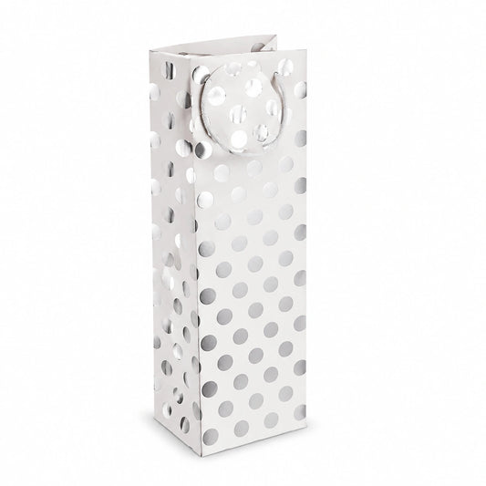 Sacchetto regalo 12 x 9 x 36 cm in carta bianca a pois argento con manici in corda