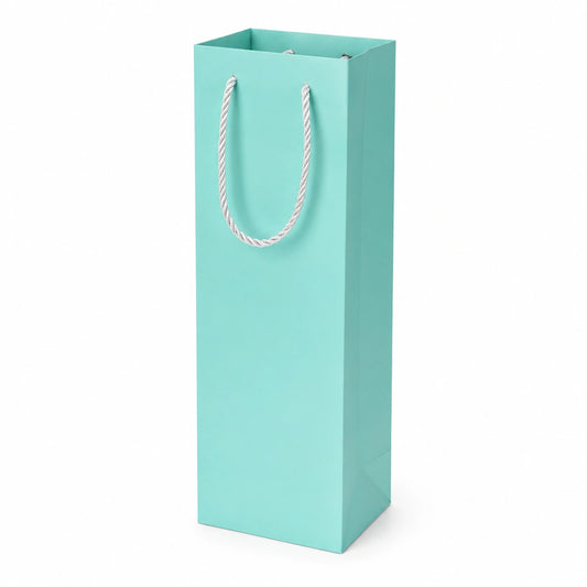 Borsa regalo 12 x 9 x 35 cm in carta turchese con manici in corda - per bottiglie