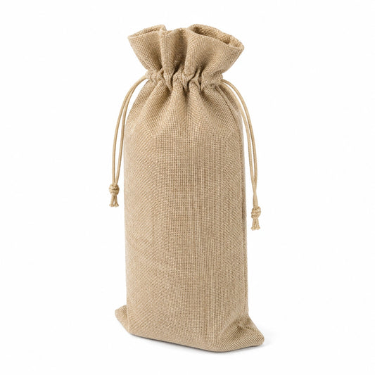 Sacchetto regalo 15 x 35 cm in juta beige con coulisse per bottiglie stile rustico