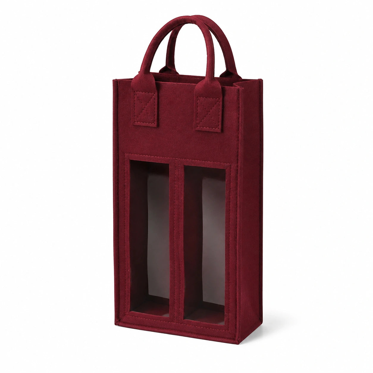 Portabottiglie vino 20 x 10 x 35 cm in tessuto effetto scamosciato bordeaux - borsa a mano con finestre per 2 bottiglie