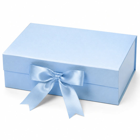 Scatola regalo 25 x 18 x 10 cm in cartoncino azzurro con nastro decorativo