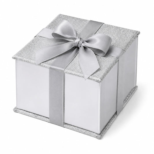 Scatola regalo 20 x 20 x 20 cm in cartoncino bianco e argento con coperchio e fiocco decorativo
