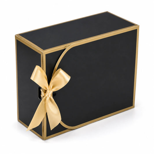 Scatola regalo 30 x 20 x 12 cm in cartone rigido nero e oro con nastro decorativo