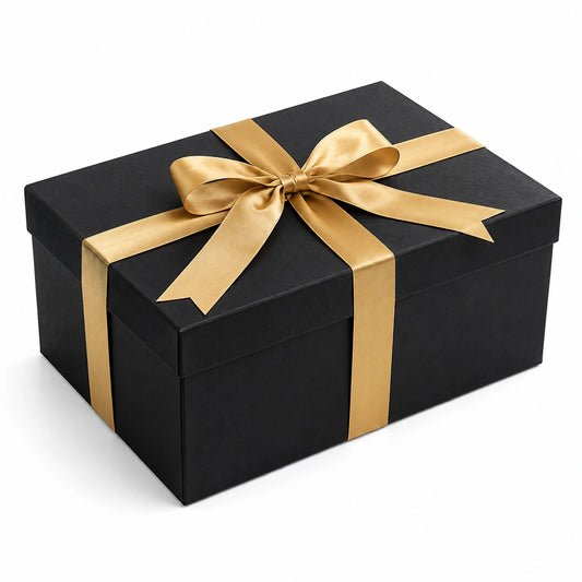 Scatola regalo 30 x 22 x 12 cm in cartone nero con nastro dorato - rettangolare con coperchio
