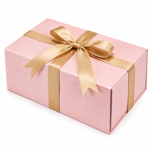 Scatola regalo 30 x 20 x 10 cm in cartone rosa con nastro dorato - confezione decorativa