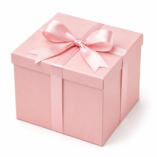 Scatola regalo 20 x 20 x 20 cm in cartone rosa con nastro in raso e fiocco decorativo