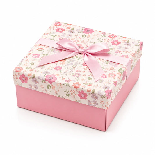 Scatola regalo 25 x 25 x 12 cm in cartone rosa con motivo floreale e fiocco decorativo