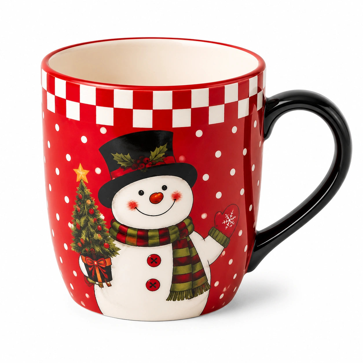 Tazza 450 ml in ceramica rossa e bianca con pupazzo di neve - manico per bevande calde